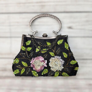 CEM Vintage Black Sequins Silver Handle Purse Mini Bag Floral